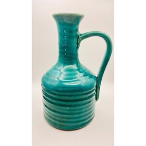 Turquoise Crackle Glaze Ceramic Pitcher Decorative Ribbed Teal Vase Jug